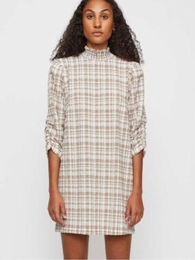 Just female, seersucker Beige and White Plaid High-Neck Women’s Dress
